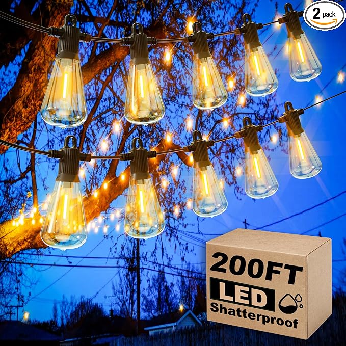 Zuske Outdoor String Lights, 200FT Patio Lights with 100 Shatterproof ST38 Globe Bulbs(4 Spare), Waterproof Connectable Dimmable LED Hanging String Lights for Outside Backyard Porch Balcony(100FT x 2)