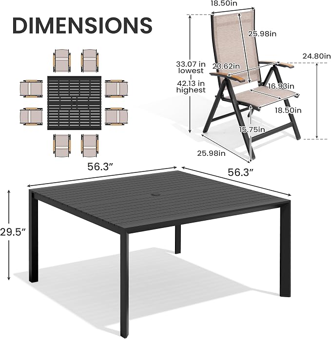 9-Piece Patio Dining Set, 56" Square Outdoor Table with Recliner Chairs | Aluminum Frame Adjustable Back& WPC Tabletop with Umbrella Hole for Garden Backyard Porch, Black