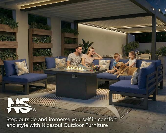 NICESOUL 7 Piece Large Modern Aluminum Outdoor Sofa with Fire Pit Table, 29" Deep Wide Seat, 500 lbs Durable Sectional Set for Heavy People, Water Resistant Patio Furniture Set for Garden, Navy Blue