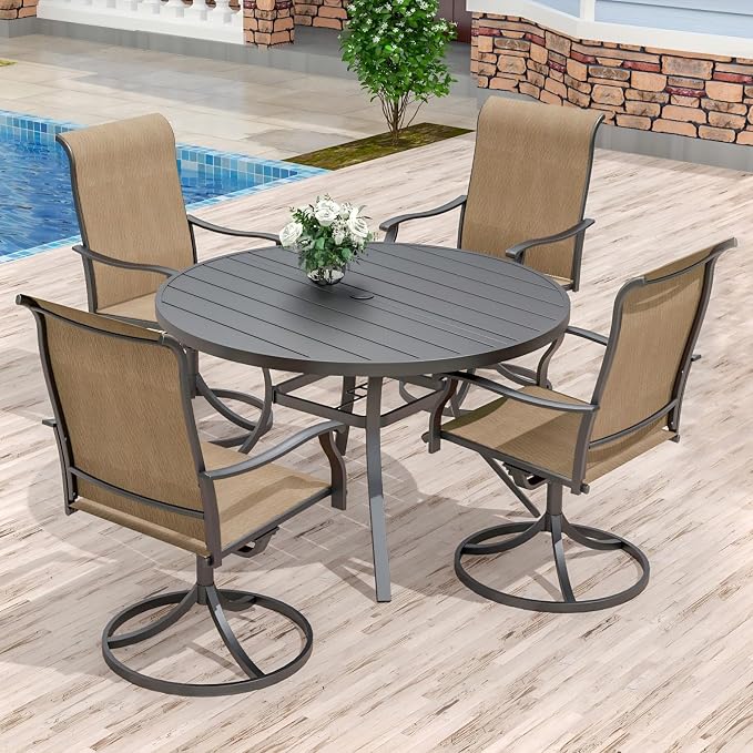 Anmutig 5-Piece Outdoor Dining Set, 48" Round Table with 4 Swivel Textilene Chairs All Weather Furniture Set, Brown