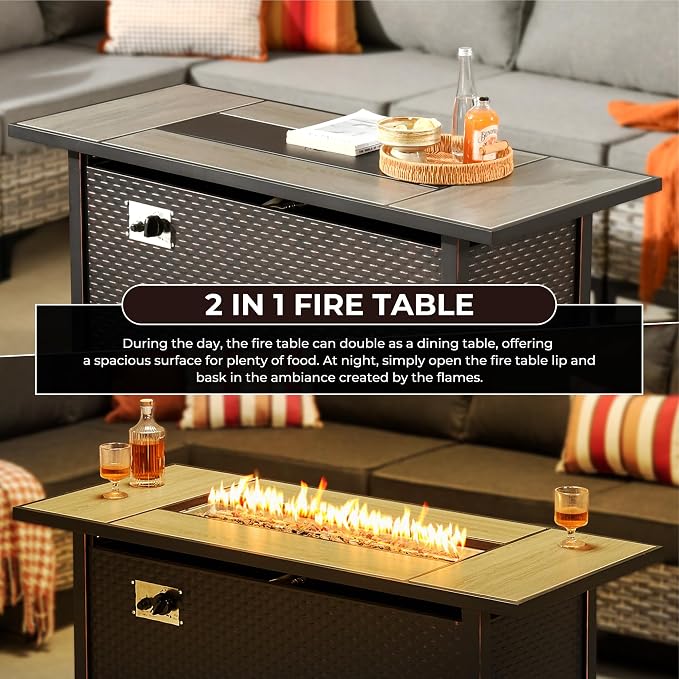 11 Piece Patio Furniture Set Outdoor Sectional with 54" Fire Pit Table, Wicker Swivel Rocking Chairs and L-Shaped Rattan Couch, Modular Conversation Set with Solar Coffee Table for Backyard, Orange