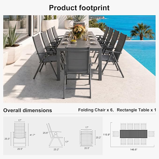 PURPLE LEAF Outdoor Dining Set for 10 Folding Patio Dining Set with Aluminum Rectangular Table and Padded Chairs All Weather Dining Table Sets for Garden Backyard Poolside, Grey