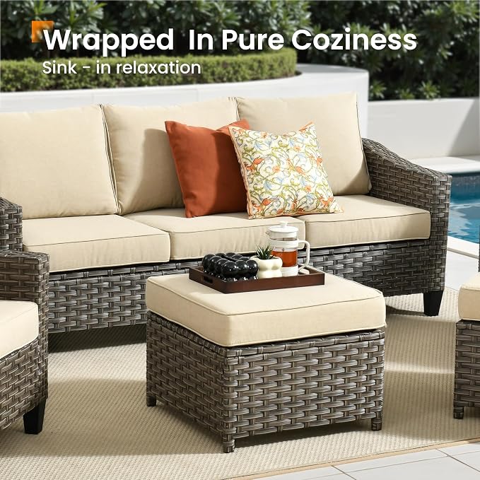 CAODOC Patio Furniture Set, 7 Pieces Outdoor Wicker Rattan Sofa Couch with 4 Chairs, Ottomans and Comfy Cushions, All Weather High Back Conversation Set Garden Backyard, Brown Rattan Beige Cushions