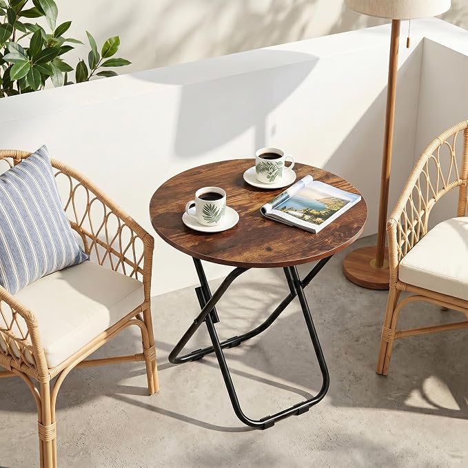 VECELO Patio Outdoor Side Table Set of 2,17.7 inch Small Folding Table Round Waterproof Wood Table,Foldable Anti-Rust Metal Legs Snack Desk for Garden Balcony,Yard,Living Room