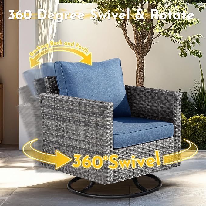 Weaxty 11 Piece Patio Furniture Set with Fire Pit Table, Outdoor Sectional Couch Swivel Rocker Patio Chairs with Coffee Table Wicker Conversation Sets for Balcony Backyard, Denim Blue