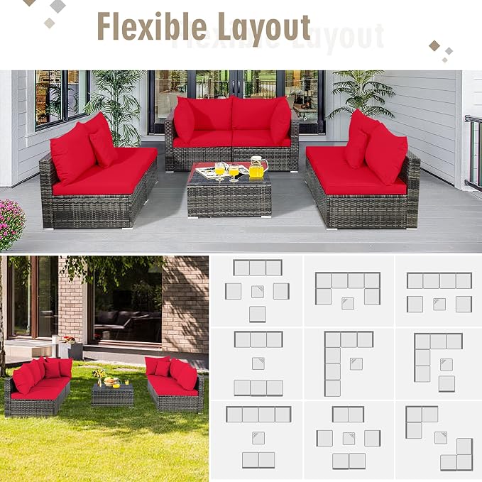 DORTALA 7Pieces PE Rattan Patio Furniture Set, All-Weather Wicker Conversation Set W/Soft Cushions & Pillows, Functional Coffee Table, Outdoor Sectional Sofa Set for Balcony, Poolside, Backyard, Red