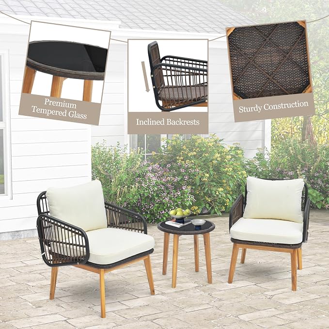 DORTALA 3 Piece Wicker Patio Furniture Set, Wood & Rattan Chairs and Table Sets with Cushions, Outdoor Conversation Set for Porch, Backyard, Poolside