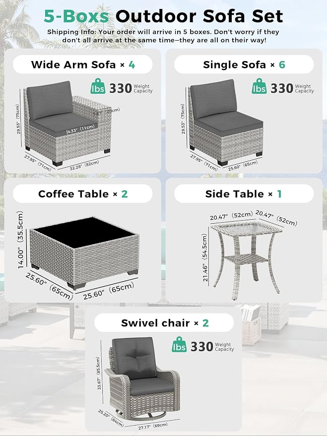 15 Piece Outdoor Wicker Sectional Sofa Set with Swivel Chairs, 12-Seats with 4" Thickened Cushions & Coffee Table, All-Weather PE Rattan for Garden, Backyard, Charcoal Gray