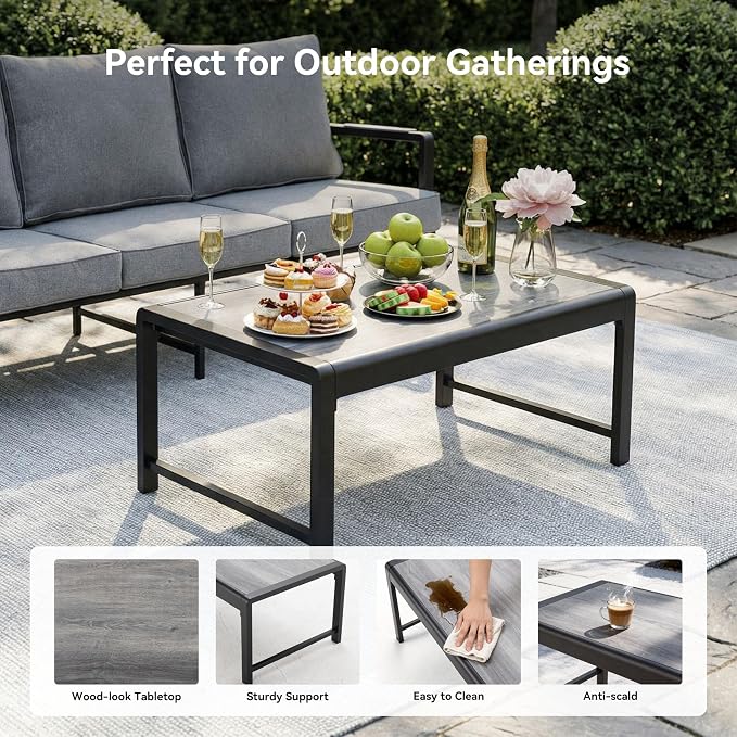 COSIEST 4-Piece Iron-Aluminum Patio Furniture Set, 5-Seater Patio Conversation Set, 3-Seat Outdoor Sectional Sofa with 2 Cushioned Chairs and Wood-Grain Coffee Table for Porch, Balcony, Deck