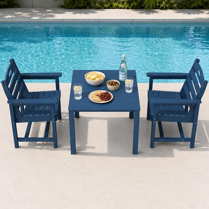 Domi HDPE Outdoor Dining Set, All-Weather Outdoor Dining Table Set of 3 with 2" Umbrella Hole, Outdoor Patio Dining Set for Garden, Poolside, Backyard, Deck, Blue