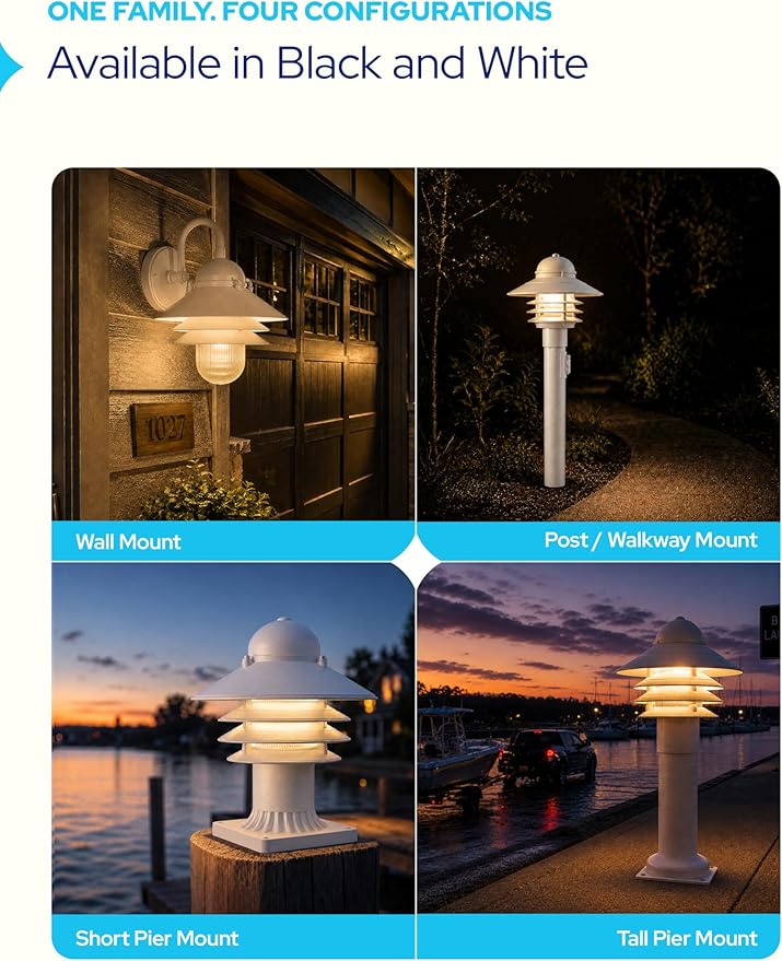 Nautical Pier Mount Outdoor Lighting - Salt-Air Tough Rust-Proof Non-Metallic Coastal Lamps - UL Listed Dock Lights - Patio Fence Deck Porch Lights Outdoor - USA Made, Short, Basic, Black