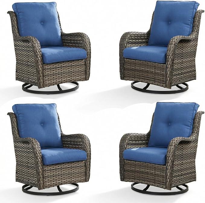 Rilyson Wicker Rocking Chair Swivel Chairs - 4 Piece Rocker Patio Chairs Set Rattan Rocking Chair for Outdoor Porch Deck Garden Backyard(Mixed Grey/Blue)