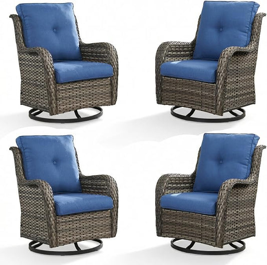 Rilyson Wicker Rocking Chair Swivel Chairs - 4 Piece Rocker Patio Chairs Set Rattan Rocking Chair for Outdoor Porch Deck Garden Backyard(Mixed Grey/Blue)