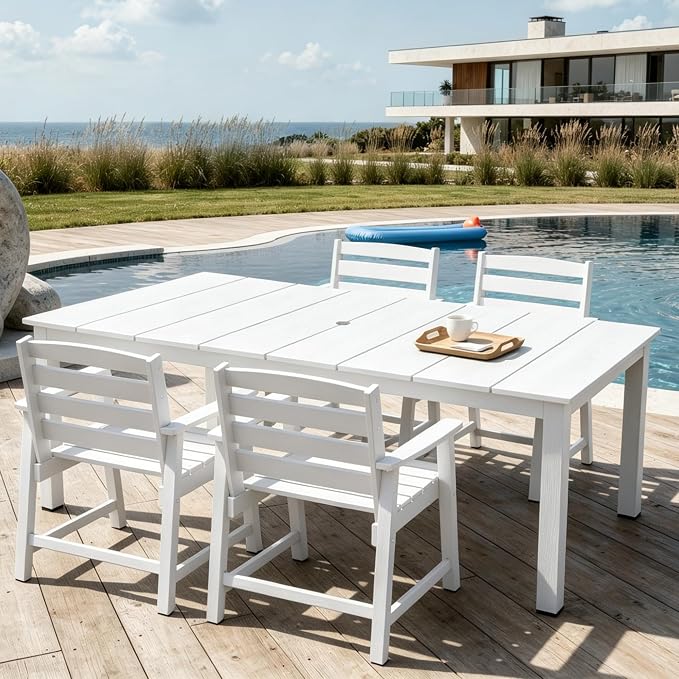 AreShark 5-Piece Outdoor Dining Set,HDPE Patio Table with 4 Chairs,All-Weather Patio Furniture Set with Umbrella Hole,Low Maintenance Wood Grain Dining Set for Backyard,Garden,Poolside,White