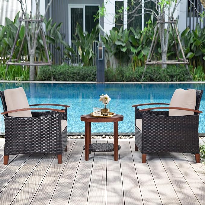 HAPPYGRILL 3 Pieces Patio Conversation Set Outdoor Rattan Wicker Sofa Set with Cushion & Acacia Wood Frame, Coffee Table and Chairs Set for Garden Poolside Balcony