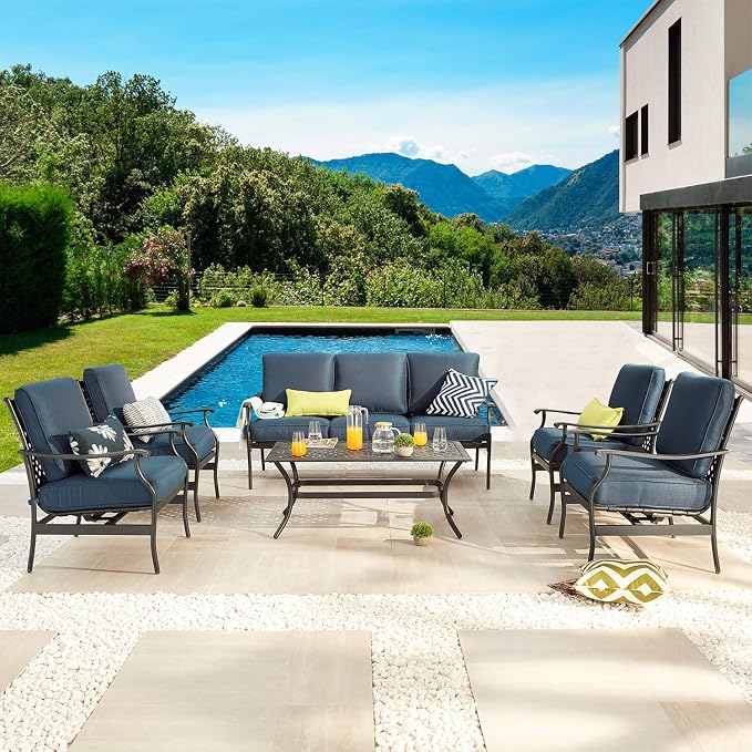 Patio Conversation Set Cushioned Outdoor Furniture Seating Sets with All Weather Galvanized Steel Frame (6 Pieces, Blue)
