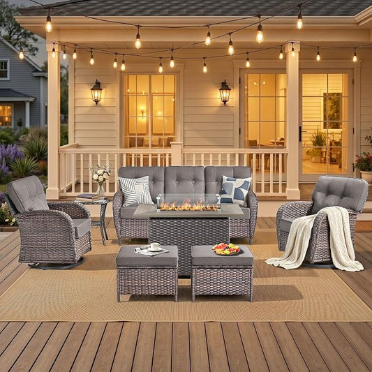 7 Piece Outdoor Patio Furniture Set with Fire Pit Table,Conversation Sectional Wicker Couch with Swivel Chairs,Modern Outside Sofa for Balcony Backyard, Brown/Grey