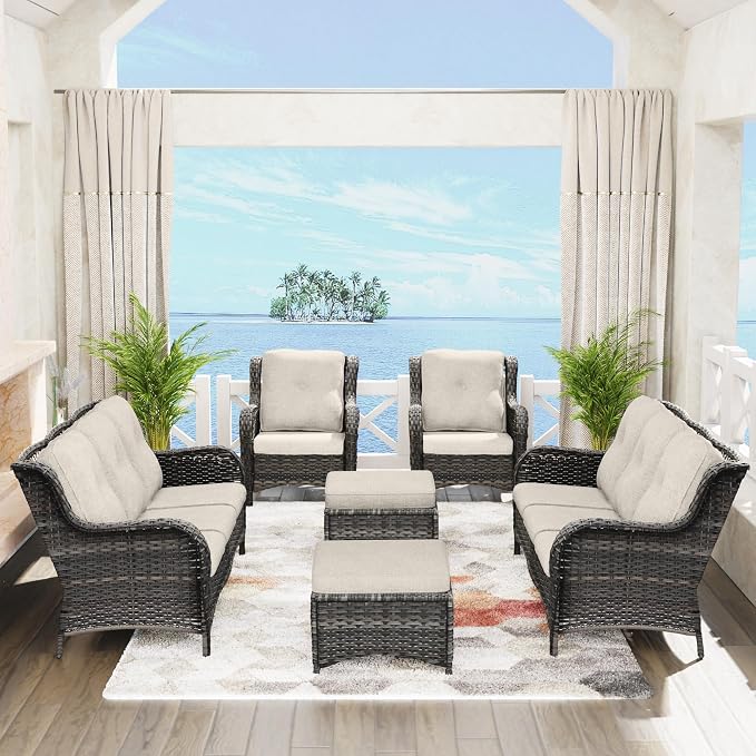 Outdoor Wicker Couch Set 6 Pieces - Outdoor Wicker Patio Furniture Set with 2 Armchairs, 2 Couch and 2 Ottomans, Olefin Cushions Included(Mixed Grey/Beige)