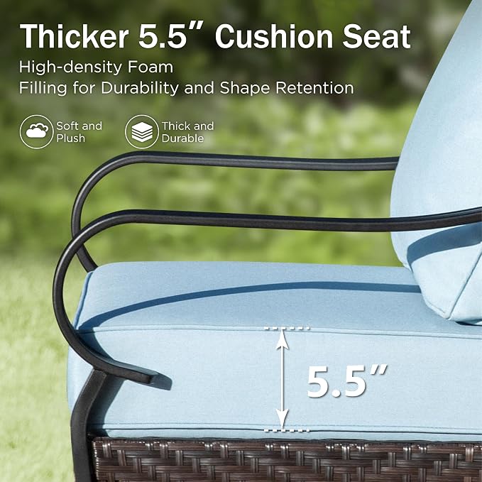 PHI VILLA Patio Furniture Set with 56" Fire Pit Table, Premium Outdoor Wicker Metal Frame Furniture with Upgraded Waterproof Thick Cushions for Porch, Poolside, Deck, and Yard （4 Pieces,Blue）