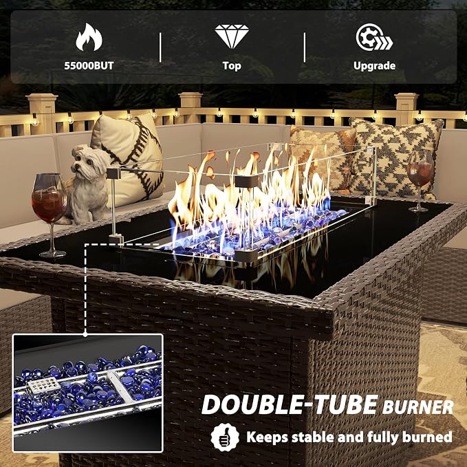 13 Pieces Patio Furniture Set with 44" Propane Gas Fire Pit Table, Outdoor Sectional Wicker Conversation Sofa Sets with Coffee Table