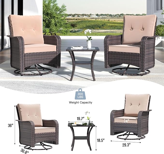Kullavik Outdoor Swivel Chairs Set of 2,Patio Wicker Rocker Chairs with 4" Thick Cushions and Side Table,Patio Conversation Furniture Set for Patio Porch Deck Backyard,Sand