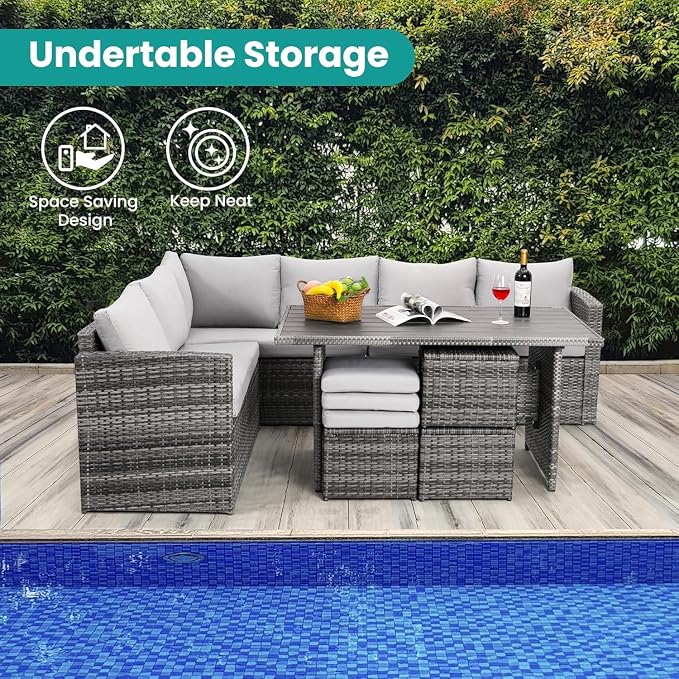 7-Piece Outdoor Patio Furniture Set with Dining Table, Chairs, and Ottoman, Brown Wicker Rattan Conversation Set with Ivory Cushions, All-Weather Patio Furniture for Garden, Porch, Backyard Lounging(G