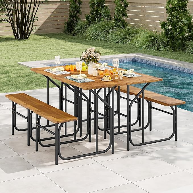HAPPYGRILL Acacia Wood Picnic Table Bench Set, Dining Table and Bench Set with Heavy Duty Metal Frame, for Patio Porch Garden and Backyard
