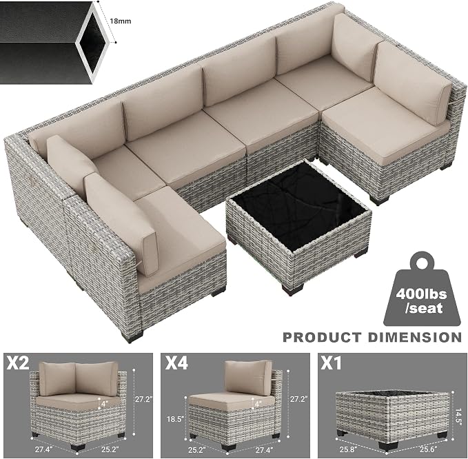 7-Piece Patio Furniture Set, Outdoor Sectional with Thick Cushions, Modular Patio Sofa, Dual-Strand Wicker Rattan, Rust-Resistant Frame, Backyard Furniture for Garden, Deck, Khaki