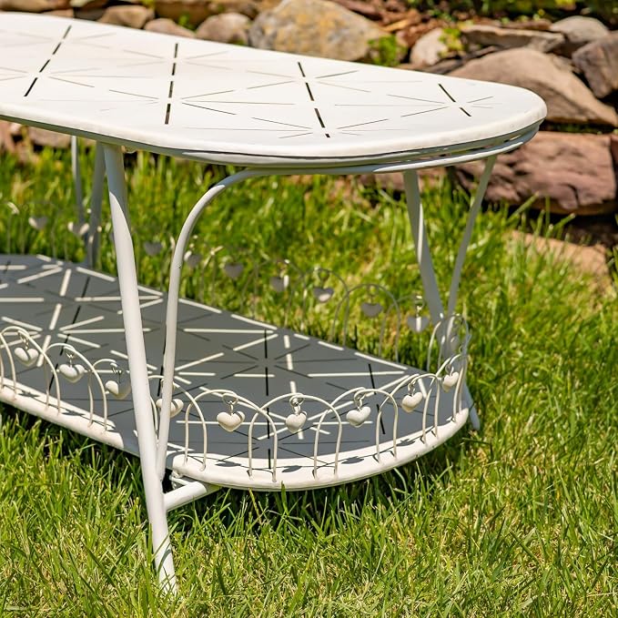 Zaer Ltd. Vintage Style Metal Patio Furniture with Heart Design Accents, Outdoor/Indoor Decor (Distressed White, Coffee Table)