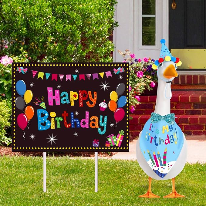 Birthday Outfit Set for Porch Goose Statue 23"& 17" - Party Bandana, Hat & Bow Tie for Outdoor Yard Decor, Cement Goose