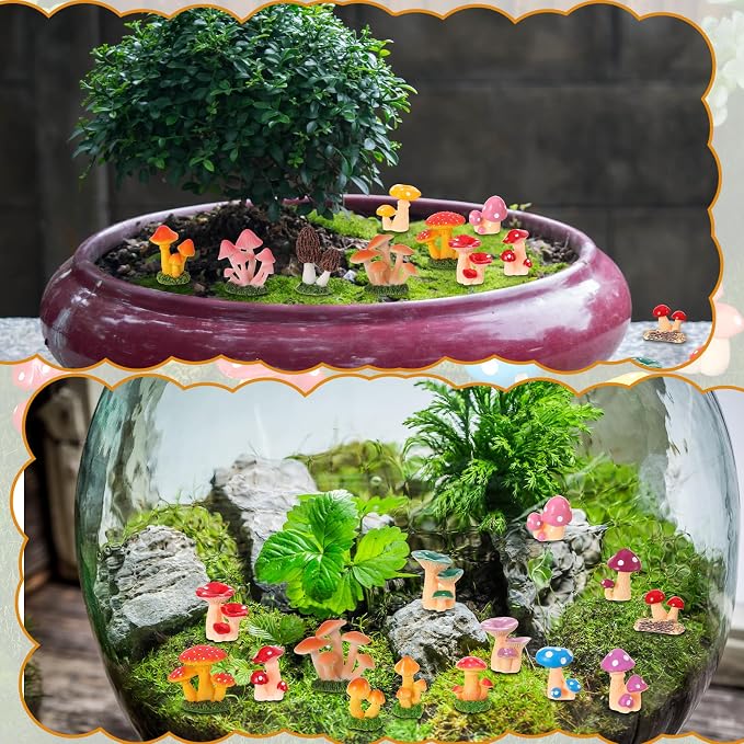 21 PCS 1.3 to 2 Inch Mini Mushrooms Cute Tiny Resin Mushrooms Figures Miniature Little Small Mushroom for Outdoor Decoration Fairy Garden Landscape Bonsai Aquarium Dollhouse Hide Crafts Decor