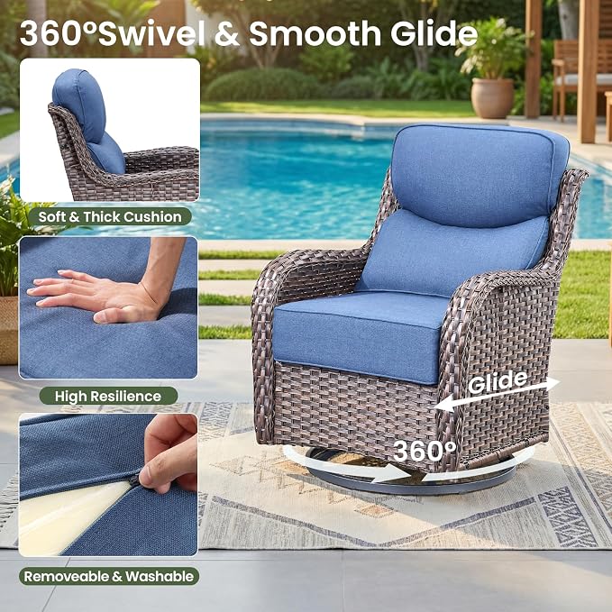 Luxury Patio Furniture Set with 6-inch Thick Cushion, Outdoor Furniture with Fire Pit Table, Swivel Chairs, Sofa, Side Table, Ottomans, 9pcs Wicker Conversation Set (Brown Wicker | Blue Cushion)