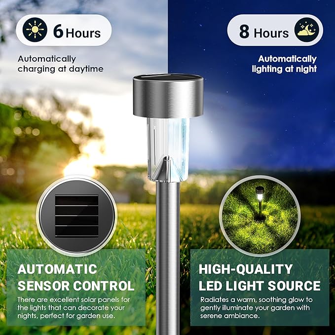 GIGALUMI Solar Lights Outdoor Waterproof, 12 Pack, Stainless Steel LED Solar Garden Lights for Patio, Lawn, Yard and Landscape, Cold White | Stainless Steel LED, Ideal for Patio Lawn Yard Landscape, Durable Decorative Lighting