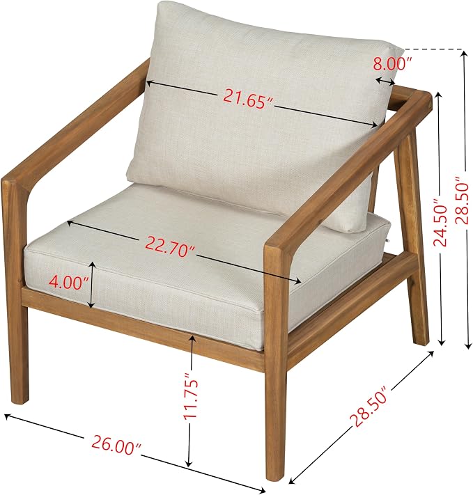 Merax 2 Piece Patio Outdoor Furniture Set, All-Weather Acacia Wood Armchairs w/Coushions, Club Chair for Porch, Lawn, Backyard, Balcony Teak+ Beige