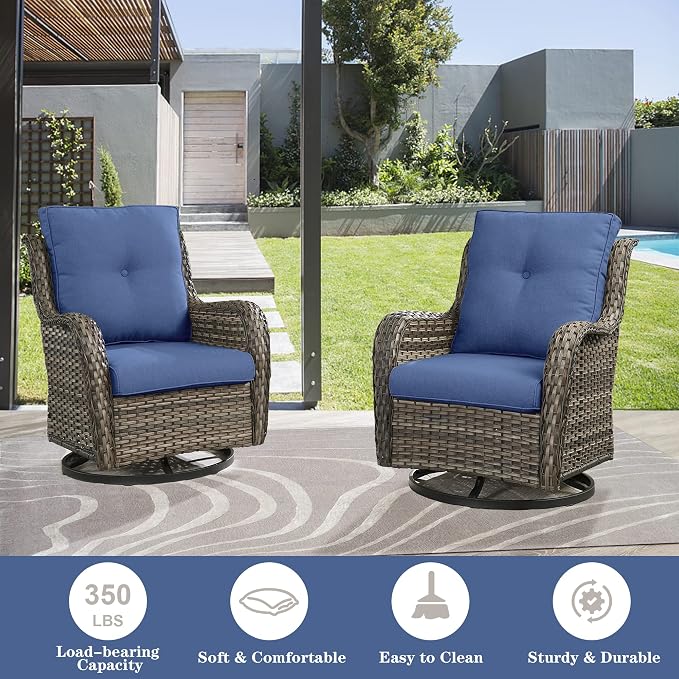 Belord 6 Piece Wicker Patio Furniture Set, Outdoor Swivel Rocker Chairs Set of 2 with Ottomans and Loveseat, All Weather Patio Conversation Furniture Set, for Pool,Yard,SunroomGray Wicker/Blue