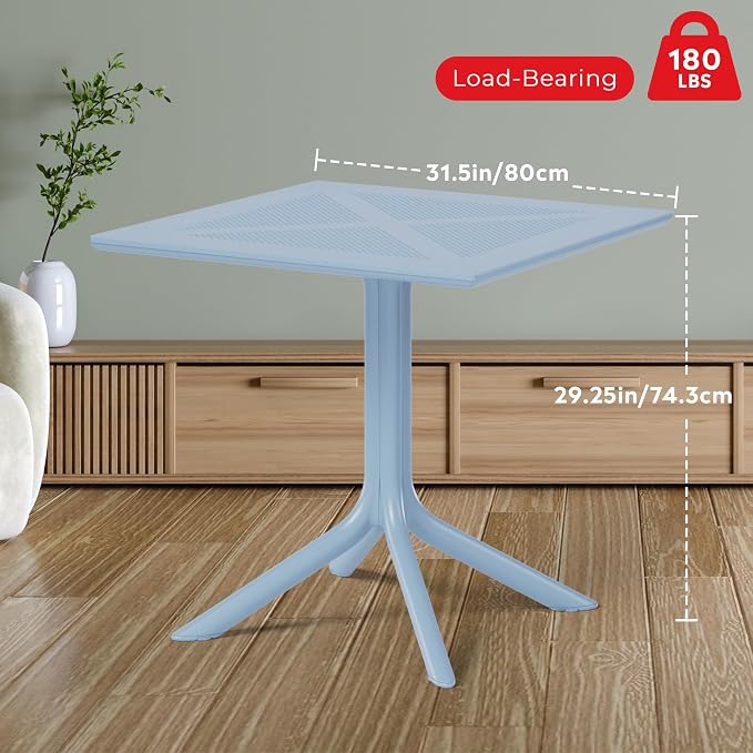 Costaelm Patio Dining Table for 4, Square PP Patio Table, 4-Person Weather Resistant Porch Tables for Outside Poolside Deck Lawn Garden Backyard, French Blue