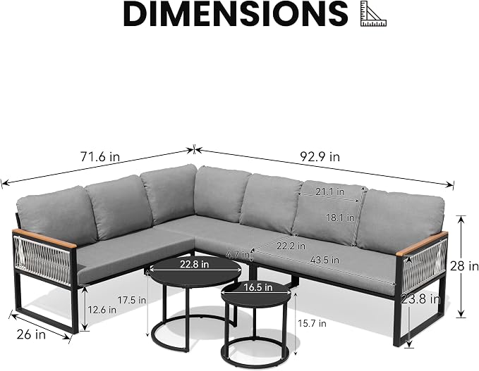 7-Piece L-Shaped Outdoor Sectional Sofa Set with Nesting Table | Hand-Woven PE Wicker, All-Weather Steel Frame, 4.3-Inch Thick Removable Cushions, Glass Coffee Table, Patio Conversation Set