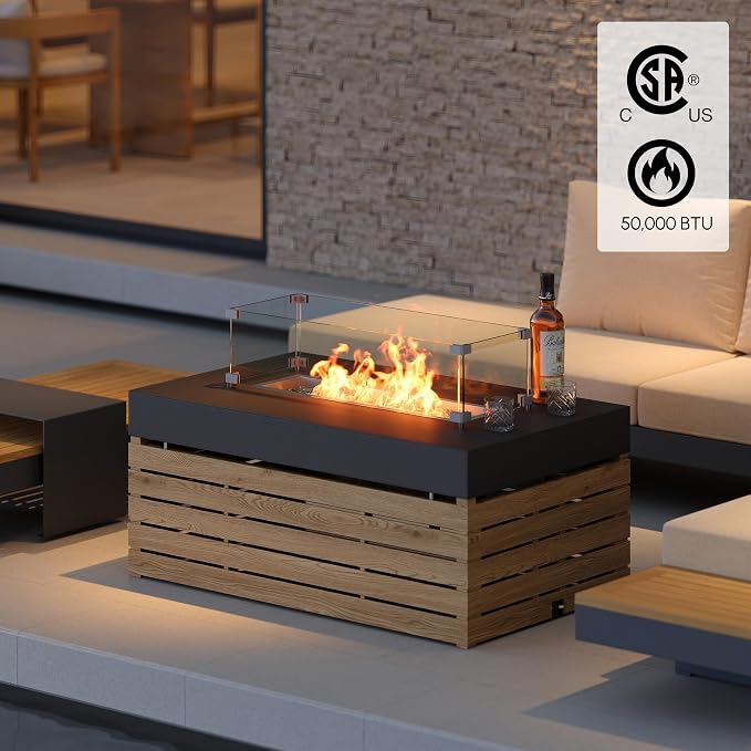 homary 4-Piece Modular Teak Outdoor Sofa Set,Weather-Resistant Patio Furniture with Smokeless Fire Pit, Waterproof Cushions, Modern Sectional for Garden, Deck & Backyard