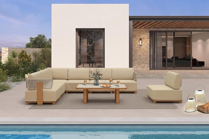 PURPLE LEAF Patio Furniture Set Modular Open-End Outdoor Sectional Sofa with 11" Thick Olefin Cushion 8-Piece Outdoor Conversation Set with Table & White Lights for Backyard Garden Poolside, Beige