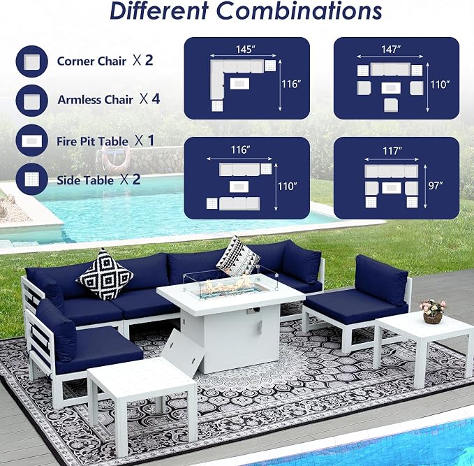 RADIATA 9 Piece Large Modern Aluminum Outdoor Patio Furniture Set with Fire Pit Table, 29" Wide Deep Seat, Rust Proof Comfy Sectional Sofa with Coffee Table, 500 lbs Sturdy Conversation Set, Navy Blue