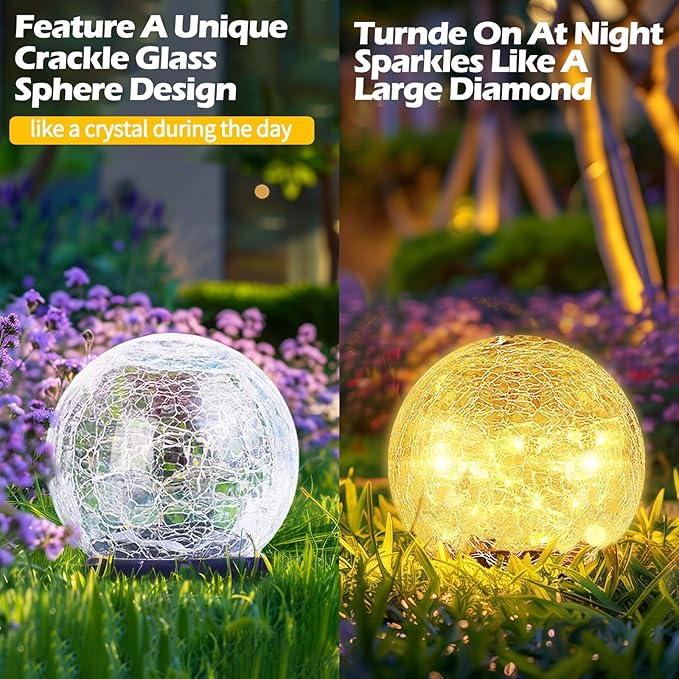 Garden Solar Ball Lights Outdoor Waterproof, 80 LED Cracked Glass Globe Solar Power Ground Lights for Path Yard Patio Lawn, Halloween Christmas Decoration Landscape Warm White(2 Pack 5.9'')