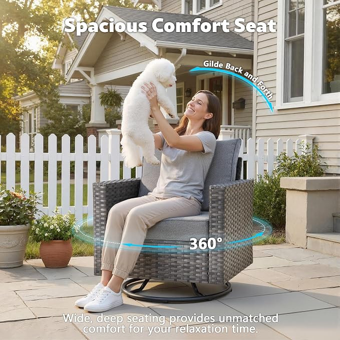 CAODOC 7-Piece Outdoor Wicker Patio Set with 7 Seats, Including 53" Fire Pit - Swivel Rocker Chairs and Conversation Set for Backyard or Lawn, Gray Rattan with Waterproof Dark Gray Cushions