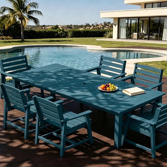 AreShark 7-Piece Outdoor Dining Set,HDPE Patio Table with 6 Chairs,All-Weather Patio Furniture Set with Umbrella Hole,Low Maintenance Wood Grain Dining Set for Backyard,Garden,Poolside,Navy Blue