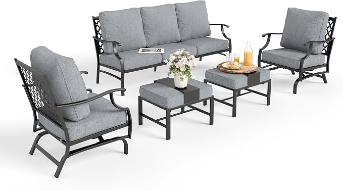 MIXPATIO Patio Furniture Set 5 pcs, Outdoor Patio Furniture, 3-Seat Sofa, 2 Rocking Chairs, 2 Ottomans and 5.75" Extra Thick Cushion, Patio Conversation Set for Garden Backyard Deck,Grey