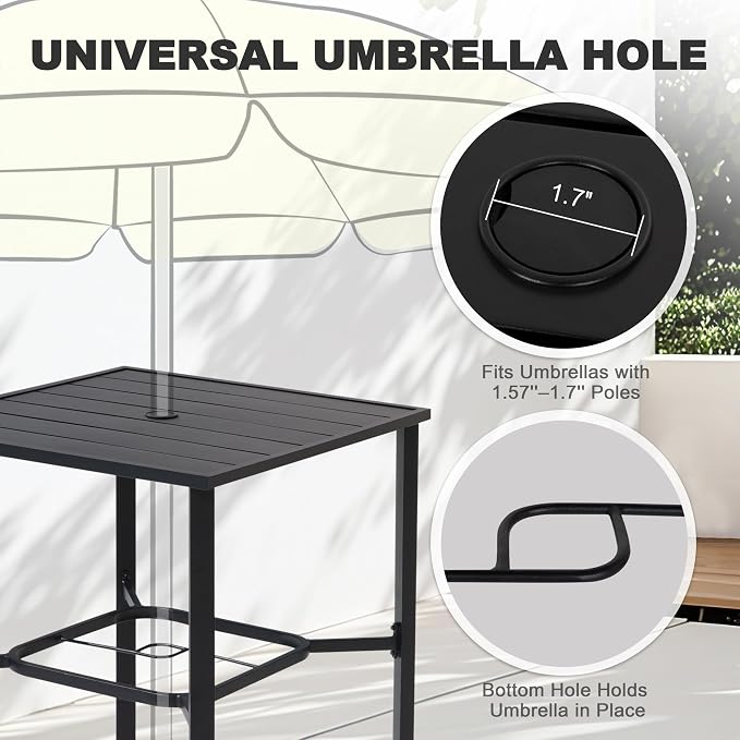 NUU GARDEN 5 Piece Outdoor Swivel Bar Set, All Weather Patio High Bar Stool Bistro Set with Textilene Height Back Bar Chairs and Slatted Metal Bar Table with Umbrella Hole, Black and Brown