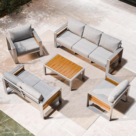 ZANDOR Aluminum Outdoor Patio Furniture Set with Coffee Table, 7 Seats Patio Conversation Sets with Washable Thick Cushions, Outdoor Sectional for Porch, Backyard, Deck, Garden & Poolside, Silver