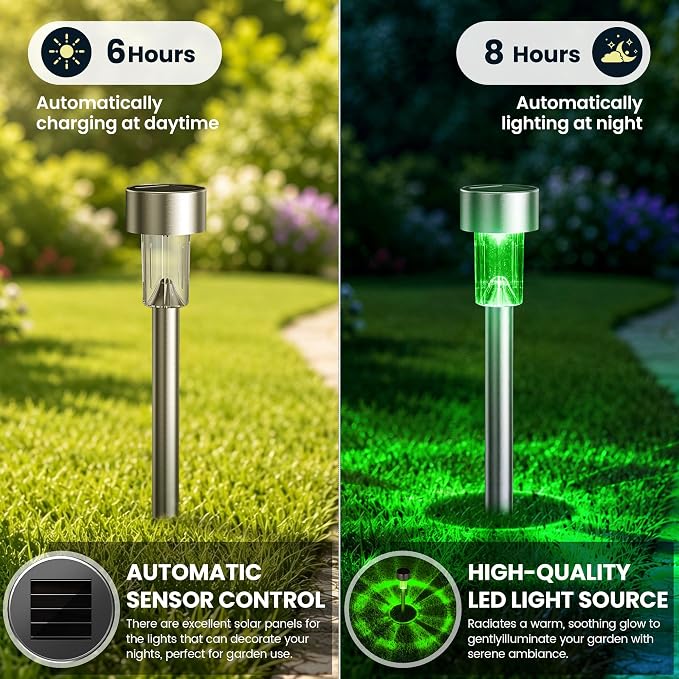 GIGALUMI Green Solar Pathway Lights, 20-Pack Outdoor Halloween Decor | Waterproof LED stainless stakes for yard, garden, driveway, walkway. Green glow creates spooky atmosphere.