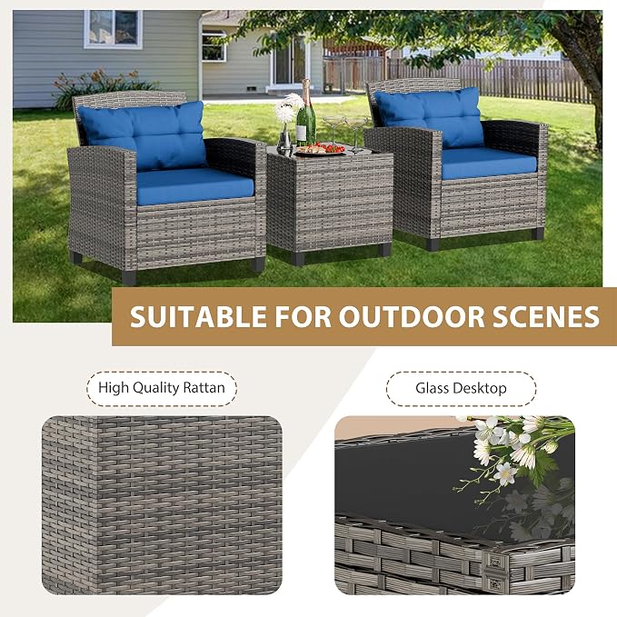 JAMFLY 3 Piece Wicker Patio Furniture Set - Outdoor Rattan Conversation Set with Soft Cushions & Glass Coffee Table for Balcony, Porch, Small Backyard - All Weather Blue Bistro Set, Blue