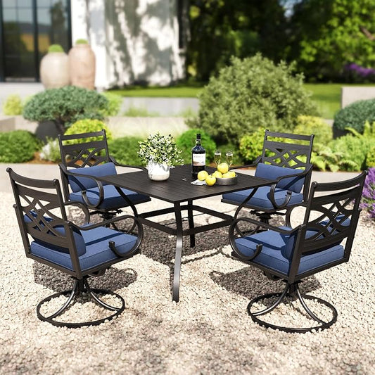 PHI VILLA Patio Dining Set, Swivel Chairs, 37" Square Metal Table | Metal chairs, Blue, Umbrella Hole, Cushions, E-coated