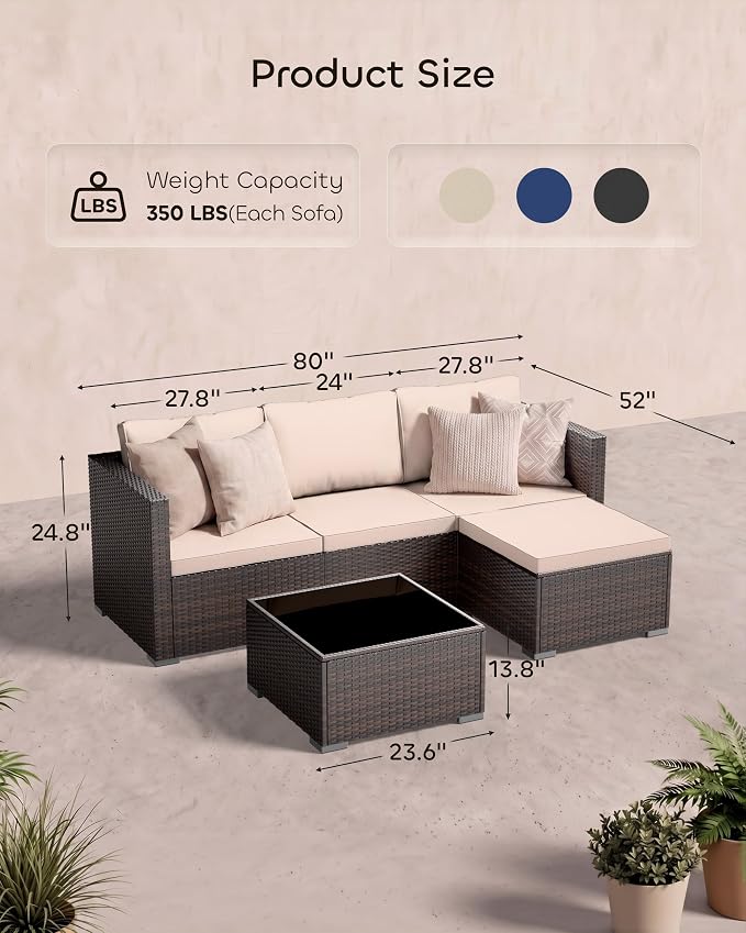 Skyfish Patio Furniture Set - Wide Armrests - All-Weather 5 Piece Outdoor Wicker Sectional Couch with Chaise Lounge,Couch Conversation Set, PE Rattan Sofa for Backyard Porch Poolside Brown/Khaki